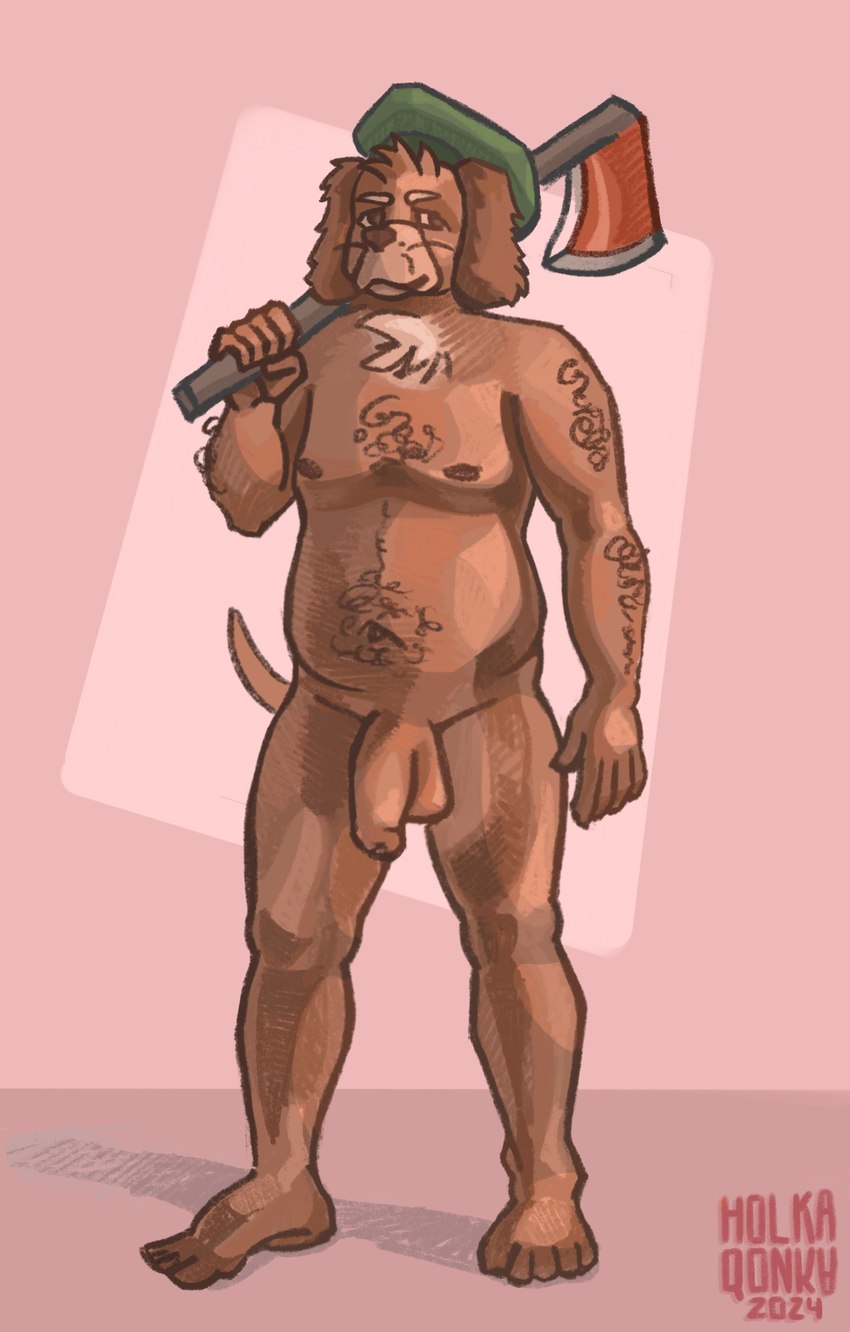 anthro axe balls belly body_hair clothing flaccid foreskin genitals hat hat_only headgear headgear_only headwear headwear_only humanoid_genitalia humanoid_penis male mostly_nude navel neck_tuft nipples penis solo tuft unretracted_foreskin holkaqonka canid canine mammal 2024 full-length_portrait hi_res portrait