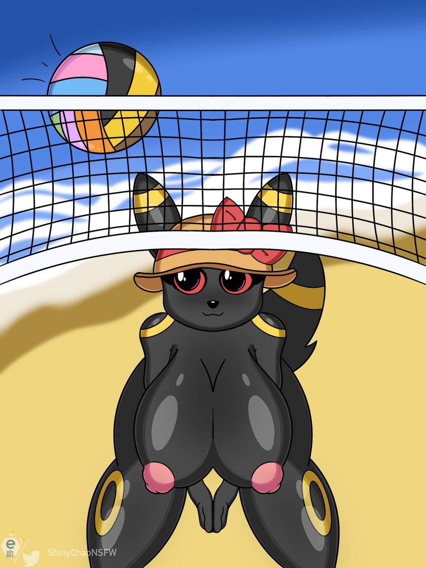 anthro areola beach bent_over big_breasts black_body black_fur bow_ribbon breasts clothing female fur hat headgear headwear nipples outside pink_areola pink_nipples public public_nudity solo sport thick_thighs volleyball water yellow_body yellow_fur shinychaonsfw nintendo pokemon eeveelution generation_2_pokemon pokemon_(species) umbreon 3:4 hi_res watermark