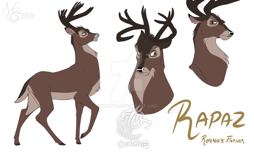 2_horns black_nose brown_body brown_eyes brown_fur feral fur horn logo male mouth_closed pupils quadruped simple_background solo standing text white_background white_sclera namygaga bambi_(film) disney rapaz_(oc) deer mammal artist_logo artist_name better_version_at_paywall english_text model_sheet url