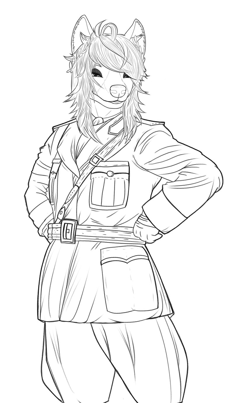ambiguous_gender anthro army army_uniform belt belt_buckle bottomwear buckle clothed clothing hair half-closed_eyes looking_at_viewer makeup messy_hair military narrowed_eyes oversized_bottomwear oversized_clothing oversized_pants pants solo uniform yakkokatto hyena mammal absurd_res hi_res monochrome sketch
