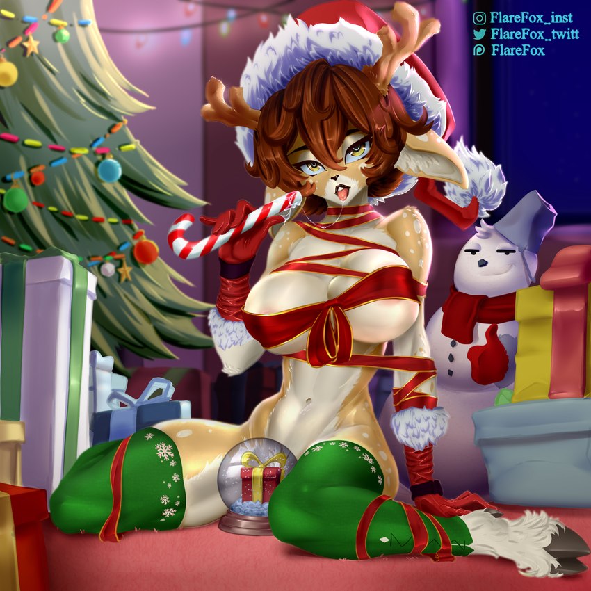 anthro antlers bodily_fluids breasts candy candy_cane christmas_clothing christmas_headwear christmas_tree clothing countershading dessert female food hair hat headgear headwear holidays hooves horn inner_ear_fluff inside plant saliva saliva_string santa_hat snow_globe snowman solo tongue tongue_out tree tuft flarefox christmas deer mammal new_world_deer reindeer 1:1 2021 absurd_res digital_media_(artwork) hi_res