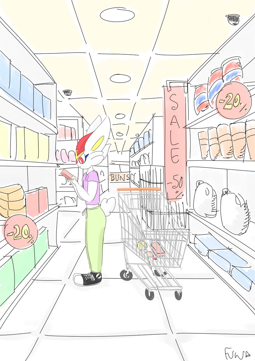 ambiguous_gender anthro clothing footwear fur groceries red_body red_eyes red_fur shoes sneakers solo supermarket white_body white_fur mr_fuwa nintendo pokemon animal_humanoid cinderace generation_8_pokemon humanoid lagomorph lagomorph_humanoid mammal mammal_humanoid pokemon_(species) absurd_res hi_res