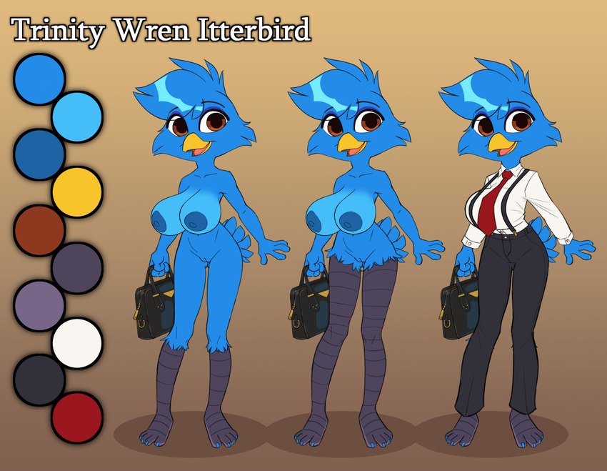 anthro avian_feet beak big_breasts blue_body breasts clothing color_swatch feathers female genitals happy necktie nude office_clothing pose pussy simple_background smile solo suit suitcase tail tail_feathers tongue siroc trinity_wren_itterbird avian bird 2023 colored hi_res model_sheet