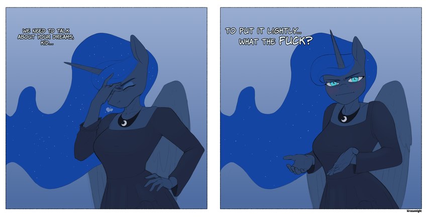 2_panel_comic :i anthro blue_eyes blue_hair blush clothing dialogue dress facepalm female hair hand_on_hip horn jewelry looking_at_viewer necklace solo text two_panel_image wings kirasunnight friendship_is_magic hasbro my_little_pony mythology princess_luna_(mlp) equid equine mammal mythological_creature mythological_equine winged_unicorn absurd_res comic english_text hi_res