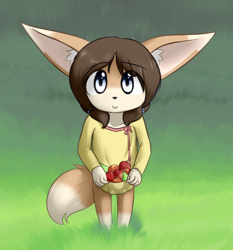 anthro apple big_ears blue_eyes bottomwear brown_hair clothed clothing clothing_lift dress female food fruit grass hair high-angle_view looking_at_viewer outside pigtails plant skirt skirt_lift smile solo topwear yellow_clothing yellow_topwear young young_anthro young_female delicious_(artist) chelsea_larimore canid canine fennec_fox fox mammal true_fox 2013 absurd_res digital_media_(artwork) hi_res