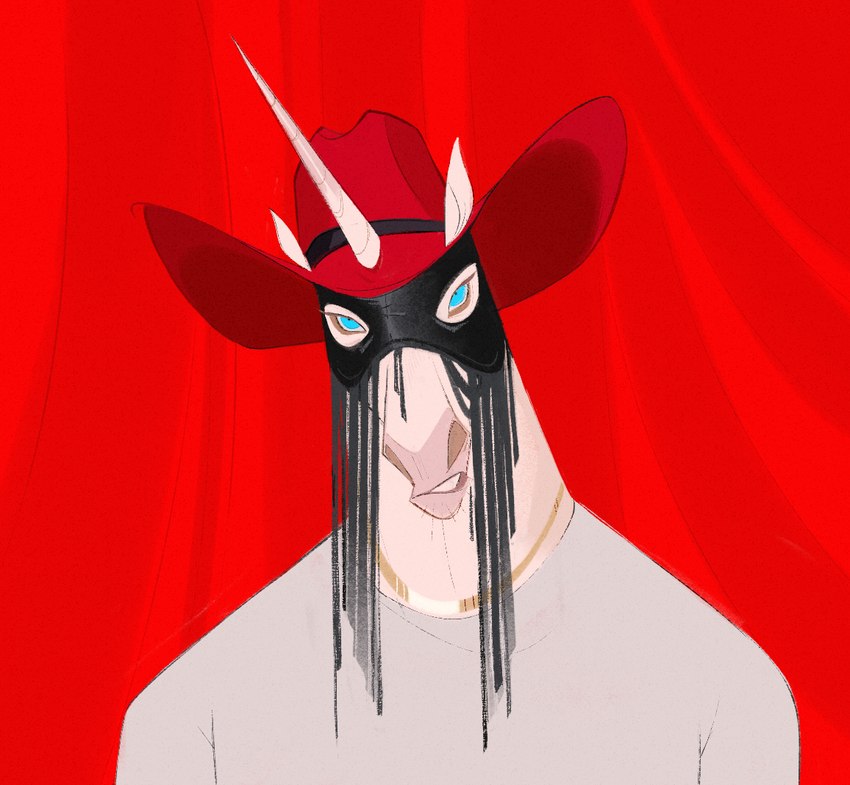 alternate_species anthro black_mask blue_eyes clothing cowboy_hat fur furgonomics furrification grey_clothing grey_shirt grey_topwear hat headgear headwear horn jewelry looking_at_viewer male mask necklace parody pointy_ears prick_ears red_background red_clothing red_hat red_headwear shirt simple_background snout solo tassels topwear white_body white_fur okobojee mythology orville_peck_(musician) pony_(orville_peck) real_world orville_peck equid equine mammal mythological_creature mythological_equine unicorn 2022 album_cover bust_portrait cover portrait