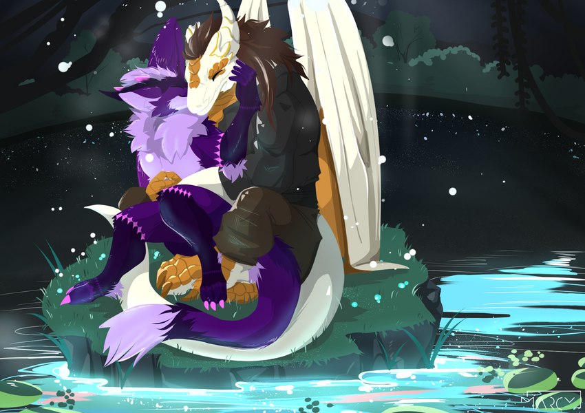 anthro cuddling detailed_background duo fur male male/male membrane_(anatomy) membranous_wings river romantic romantic_ambiance romantic_couple tail wings narphion mythology godrelion_(character) narphion_(nardoragon) dragon furred_dragon furred_scalie mythological_creature mythological_scalie nardoragon scalie hi_res