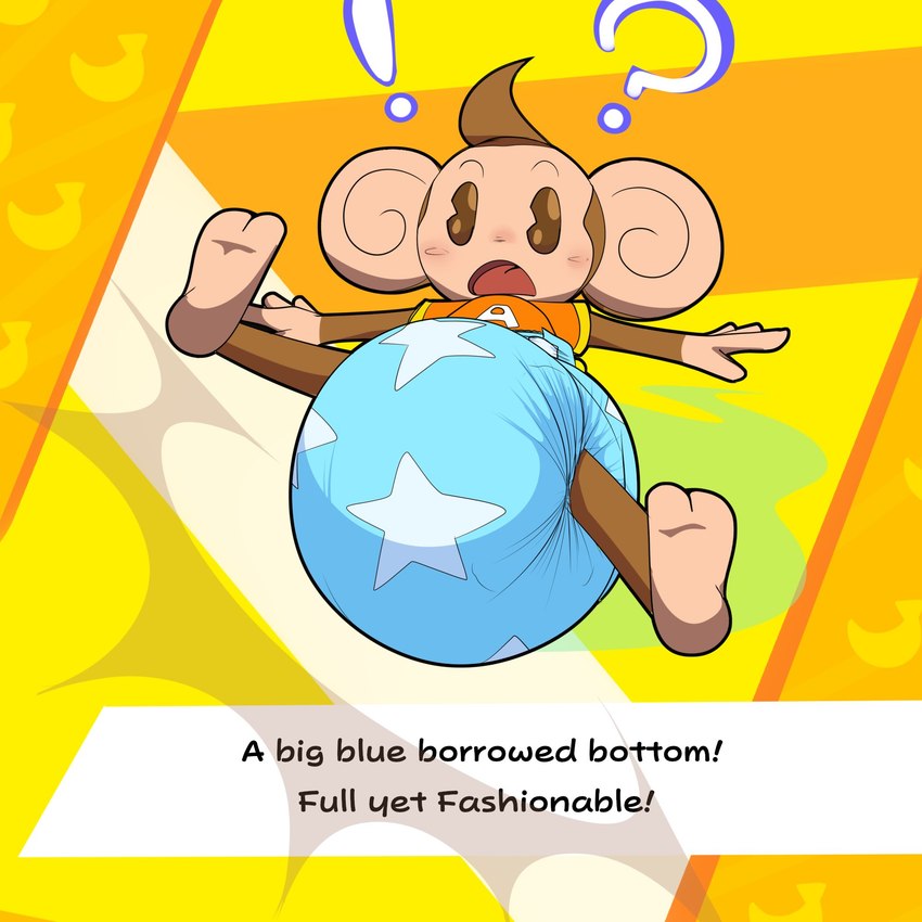 anthro big_ears blush clothing diaper feces full_diaper interrobang male round_ears shirt soiled_diaper soiling solo stink_fumes stink_lines t-shirt text topwear unclean_diaper used_diaper chocomintshake super_monkey_ball aiai haplorhine mammal monkey primate 1:1 2021 english_text hi_res