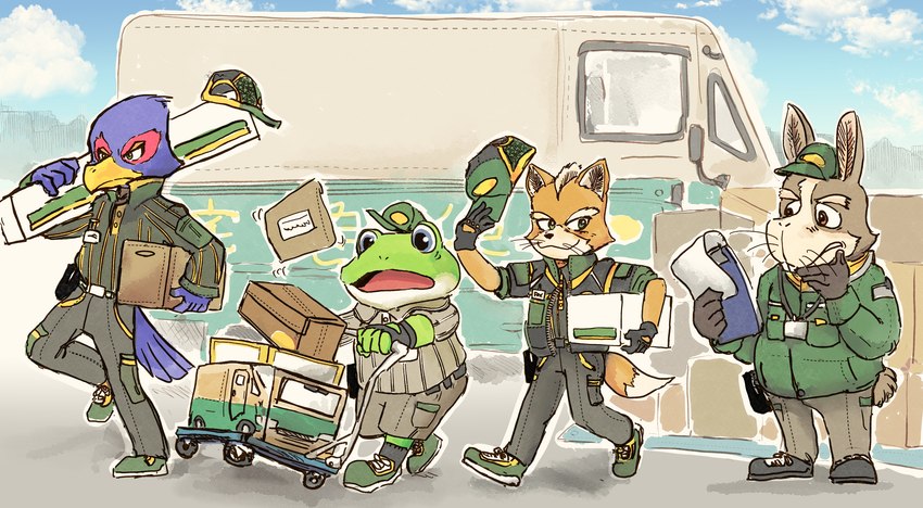 angry anthro bottomwear clothing cloud commercial_vehicle delivery_(commerce) delivery_employee delivery_vehicle footwear gloves group handwear hat headgear headwear male package pants postal_delivery postal_uniform shoes sky smile sneakers text uniform vehicle katamichi nintendo star_fox falco_lombardi fox_mccloud peppy_hare slippy_toad amphibian avian bird canid canine fox frog lagomorph leporid mammal rabbit toad_(frog) hi_res japanese_text