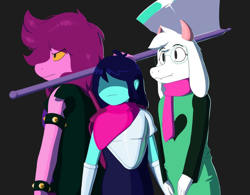 anthro armor axe battle_axe blue_body bracelet clothing fur green_clothing green_robe group jacket jewelry pink_body pink_scarf robe scarf shirt topwear trio tunic white_body white_fur artesderatzyu deltarune undertale_(series) kris_(deltarune) ralsei susie_(deltarune) bovid caprine goat human mammal reptile scalie absurd_res hi_res