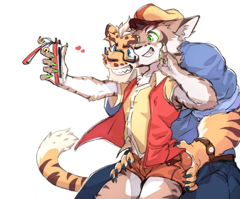 anthro butt butt_grab cellphone clothed clothing countershading duo electronics eyewear fur glasses hand_on_butt hat headgear headwear male phone selfie simple_background smile kumak71395 nekojishi studio_klondike lin_hu shu-chi felid feline leopard_cat mammal pantherine prionailurus tiger 2018