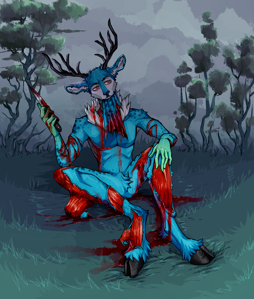 anthro autocannibalism blood blood_pool bodily_fluids body_horror dark eaten_raw exposed_muscle featureless_crotch flesh food forest gore horn horror_(theme) knife male meat plant self-harm skinning solo tree kolkolukija kiba_(kibanashote) deer mammal hi_res