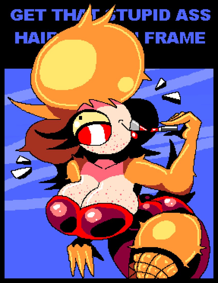 anthro ass_up big_breasts big_butt big_eye big_hair bimbo_(fashion) bimbo_anthro black_border border breasts butt cleavage cleavage_overflow clothed clothing dress eyelashes female fishnet_clothing fishnet_legwear glistening glistening_body glistening_clothing glistening_dress hair leaning leaning_forward legwear light lips lipstick long_hair makeup pompadour profanity red_clothing red_dress solo tail text thick_eyelashes thick_thighs tight_clothing tight_dress insaniousjaydonius darcy_(insaniousjaydonius) avian bird owl potoo digital_media_(artwork) hi_res lighting pixel_(artwork)