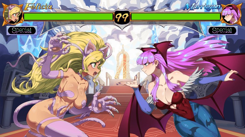 alternate_color animal_ears animal_limbs animal_tail armwear big_breasts big_hair blonde_hair blue_armwear blue_clothing blue_legwear breasts cleavage clothed clothing colored_nails duo eyelashes female fighting_game fur green_eyes hair head_wings heart_cutout huge_breasts legwear leotard long_hair membrane_(anatomy) membranous_wings nails naturally_censored navel navel_outline open_mouth pawpads pink_body pink_fur pink_hair purple_nails red_clothing red_leotard smile tan_body tan_skin text thick_thighs unusual_wing_placement user_interface wide_hips wings difman capcom darkstalkers felicia_(darkstalkers) morrigan_aensland animal_humanoid cat_humanoid demon demon_humanoid felid felid_humanoid feline feline_humanoid humanoid mammal mammal_humanoid succubus winged_humanoid hi_res