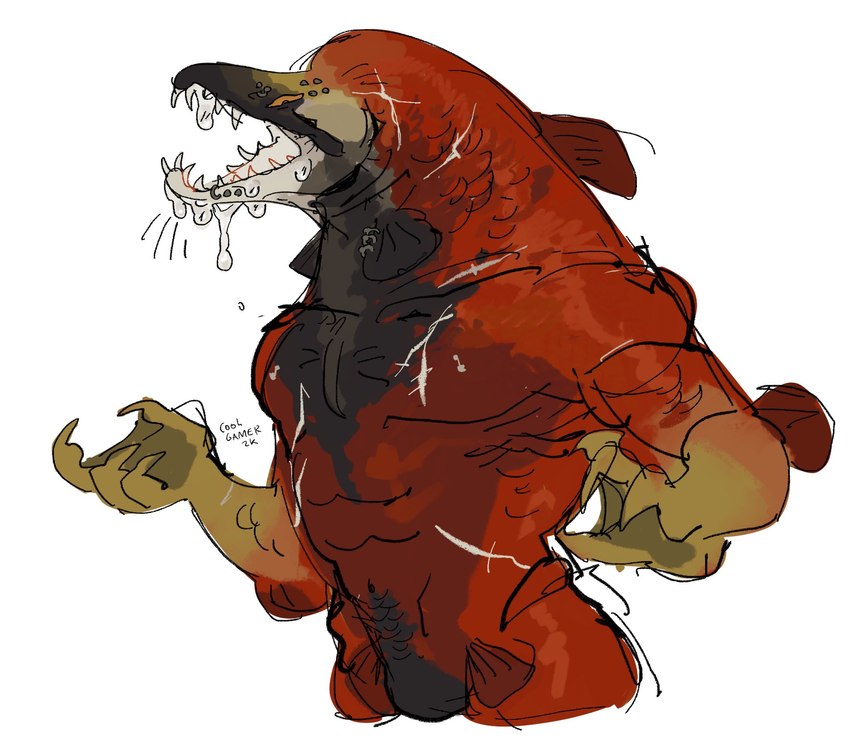 4_fingers anthro bodily_fluids dorsal_fin drooling elbow_fin fin fingers gills male muscular open_mouth red_body red_scales saliva scales scar sharp_teeth simple_background solo teeth white_background coolgamer2k fish marine salmon salmonid_(fish) hi_res