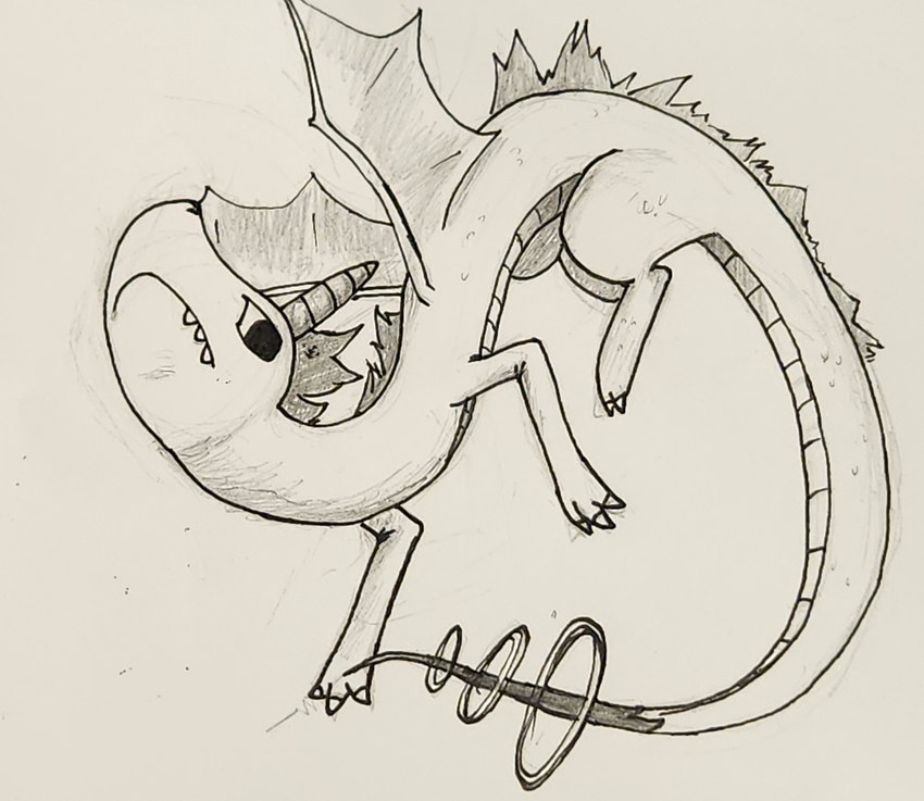 ambiguous_gender black_eyes feral horn mouth_closed pose quadruped scales solo tail teeth wings sawlamander mythology dragon mythological_creature mythological_scalie scalie 2024 absurd_res greyscale hi_res monochrome traditional_media_(artwork)