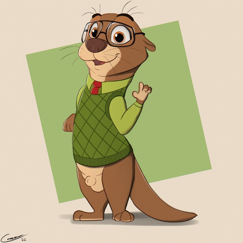 abstract_background animal_genitalia anthro balls bottomless clothed clothing eyewear fully_sheathed genitals gesture glasses male necktie open_mouth open_smile penis sheath simple_background smile solo standing sweater sweater_vest topwear vest waving whiskers comatose disney zootopia emmitt_otterton lontra mammal mustelid north_american_river_otter otter river_otter 1:1 2022 absurd_res hi_res signature