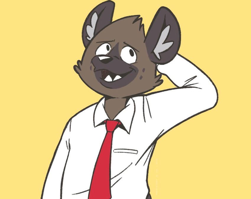 anthro brown_body brown_fur clothing fur hand_behind_head male necktie open_mouth oxford_shirt red_necktie shirt simple_background solo teeth_showing topwear white_clothing white_shirt white_topwear yellow_background heyitscousindave aggretsuko sanrio haida_(aggretsuko) hyena mammal spotted_hyena