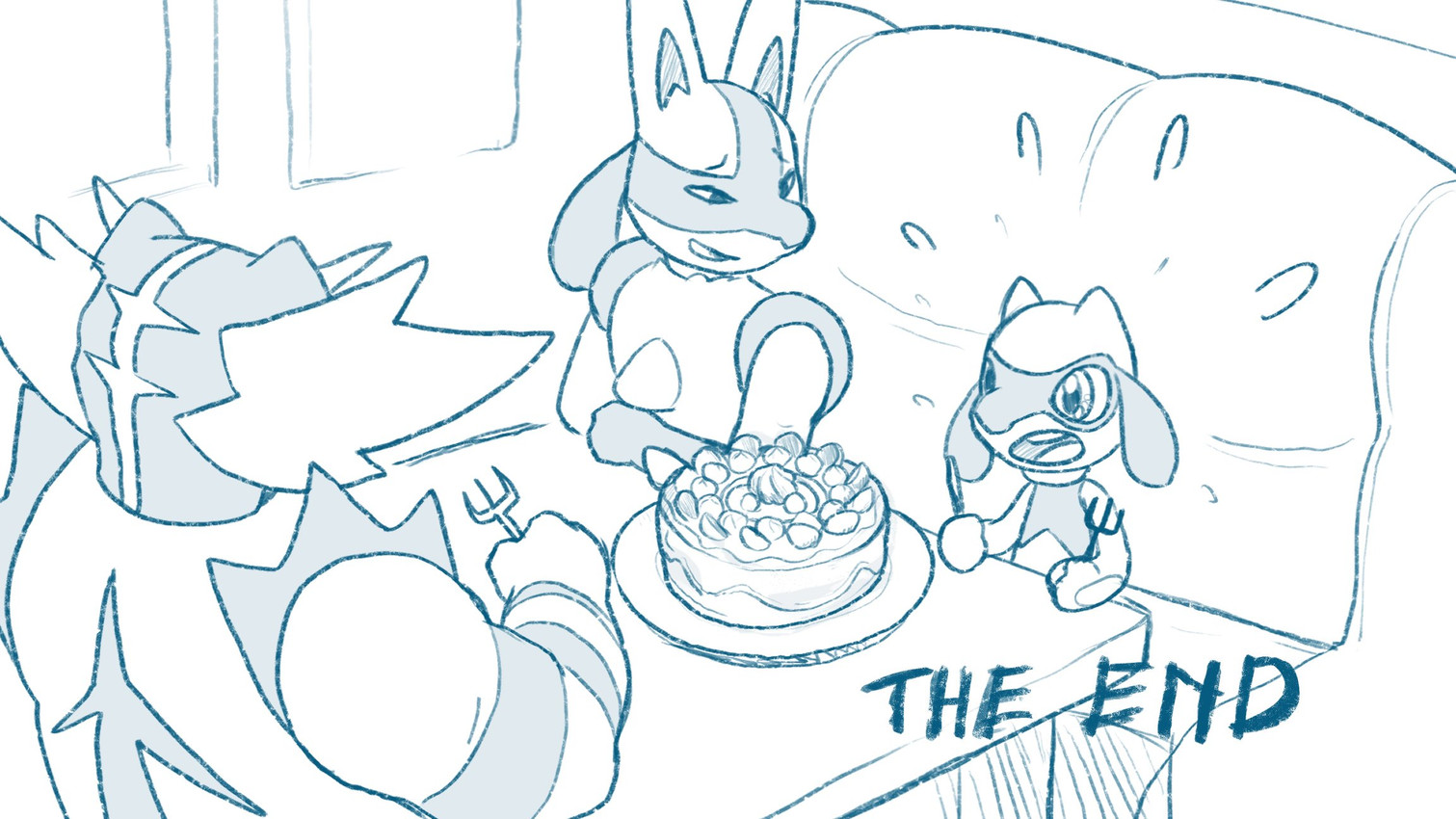 ambiguous_gender anthro booth_seating cake chair cutlery dessert emanata food fork fur furniture group holding_object holding_tool holding_utensil inside kitchen_utensils knife open_mouth plate restaurant simple_background sitting size_difference spikes spikes_(anatomy) table text the_end tools trio tuft wide_eyed yolko_shark nintendo pokemon generation_4_pokemon generation_7_pokemon incineroar lucario pokemon_(species) riolu 16:9 2025 blue_and_white english_text hi_res monochrome widescreen