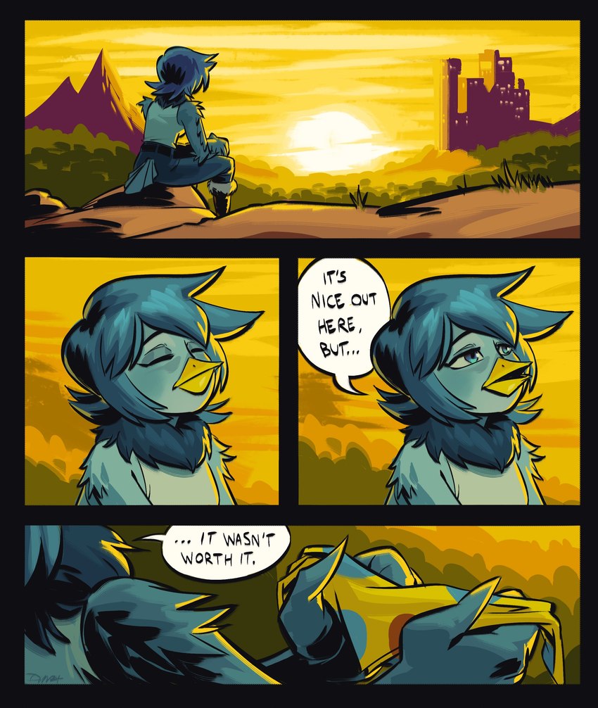 anthro beak blue_body blue_feathers blue_hair dialogue eyes_closed feathers female hair kerchief outside sad sitting solo sunset text angusburgers undertale_yellow martlet_(undertale_yellow) avian bird 2024 absurd_res comic english_text hi_res