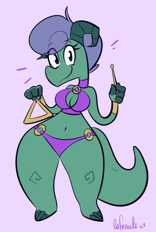 anthro bard breasts claws clothed clothing dancing female horn looking_at_viewer musical_instrument non-mammal_breasts percussion_instrument skimpy smile solo triangle_(musical_instrument) la-frugele kobold scalie hi_res