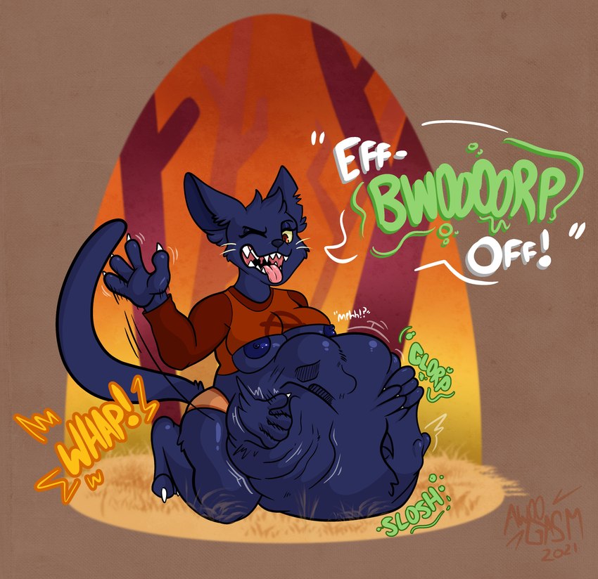 afterimage anthro anthro_pred belly belly_slap big_belly big_breasts blue_nipples bodily_noises breasts burping claws clothed clothing contact_onomatopoeia derived_sound_effect dialogue dialogue_with_sound_effects different_sound_effects digestion duo element_drop_shadow exclamation_point exposed_breasts extended_sound_effect eyebrows face_imprint female female_pred fully_inside fur glorp huge_belly impact_onomatopoeia imprint interrobang interrupted_by_reaction interrupted_speech kneeling muffled navel nipples onomatopoeia open_mouth oral_vore outside plant raised_clothing raised_shirt raised_topwear same_size_vore sharp_teeth shirt slap slapping_own_belly slapping_self slosh sloshing_belly solo_focus sound_effect_variant sound_effects teeth text text_drop_shadow topwear tree uvula vore vowelless vowelless_vocalization whap whiskers white_claws awoogasm night_in_the_woods mae_borowski domestic_cat felid feline felis mammal absurd_res digital_media_(artwork) english_text hi_res