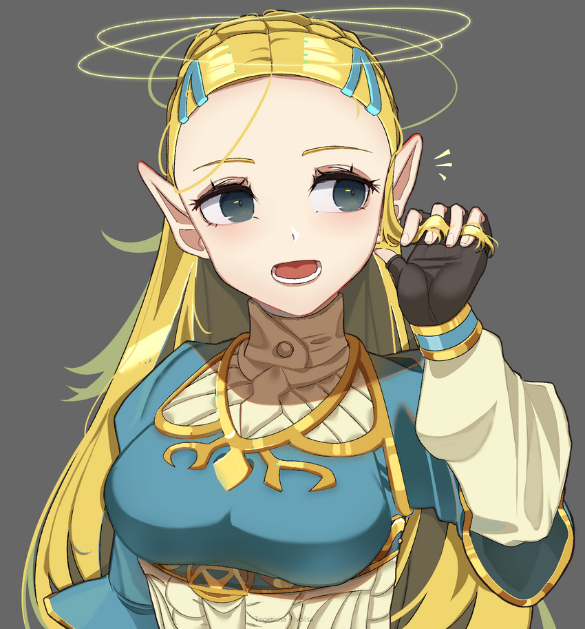 5_fingers accessory blonde_hair breasts clothing female fingerless_gloves fingers gloves grey_background hair hair_accessory handwear humanoid_pointy_ears long_hair looking_aside not_furry open_mouth pointy_ears simple_background solo togeticisa breath_of_the_wild nintendo the_legend_of_zelda princess_zelda humanoid hylian 2020 hi_res