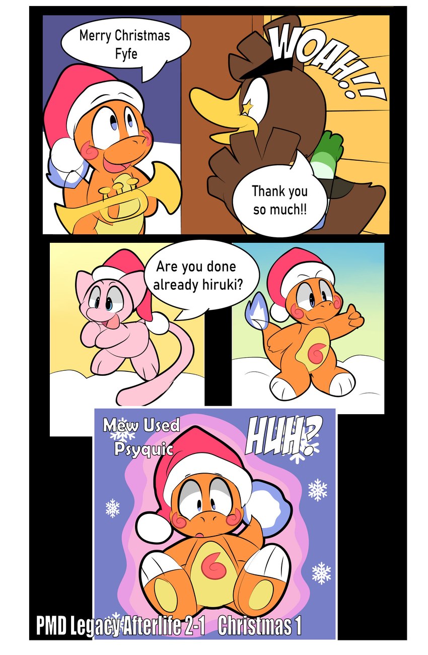 4_panel_comic ambiguous_gender beak biped black_text blue_eyes blue_fire border christmas_clothing christmas_headwear clothing colored_fire dialogue exclamation_point eyebrows fire flaming_tail group hat headgear headwear holding_object holidays open_mouth orange_body question_mark santa_hat snow sparkles sparkling_eyes speech_bubble standing tail talking_to_another telekinesis text trio white_border white_sclera white_text winter yellow_beak wymek christmas nintendo pokemon hiruki_(wymek) mew_(wymek) charmander galarian_farfetch'd galarian_form generation_1_pokemon generation_8_pokemon legendary_pokemon mew_(pokemon) pokemon_(species) regional_form_(pokemon) 2024 comic digital_media_(artwork) english_text hi_res