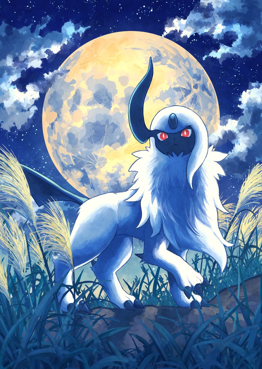 ambiguous_gender claws cloud feral fur grass looking_at_viewer moon paws plant red_eyes sky solo star starry_sky tail white_body white_fur 7_phi_3 nintendo pokemon absol generation_3_pokemon pokemon_(species) 2024 absurd_res hi_res