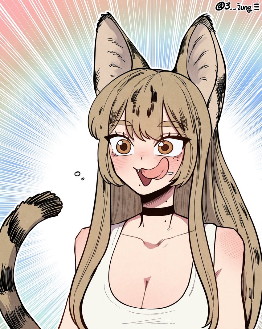 animal_ears animal_tail bangs blush bodily_fluids breasts brown_eyes brown_hair choker cleavage clothed clothing cute_fangs dripping eyebrow_through_hair eyebrows female hair jewelry licking licking_lips long_bangs long_hair markings medium_breasts mole_(marking) necklace open_:3 open_mouth rainbow_background saliva saliva_drip saliva_on_tongue serval_tail shirt simple_background solo speed_lines tail tank_top tongue tongue_out topwear translucent translucent_hair white_clothing white_shirt white_tank_top white_topwear wide_eyed 3-jung serval_(gegegekman) animal_humanoid felid felid_humanoid feline feline_humanoid humanoid mammal mammal_humanoid serval_humanoid tailed_humanoid 2024 artist_name cel_shading half-length_portrait hi_res korean_description portrait shaded