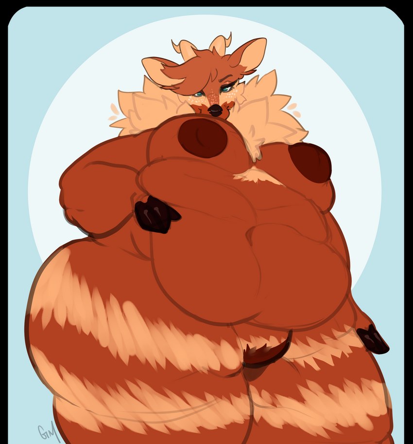 anthro areola belly big_belly big_breasts blue_background breasts brown_areola brown_body brown_fur brown_nipples butt female fupa fur genitals green_eyes hooves looking_down navel neck_tuft nipples obese overweight plump_labia pussy simple_background smile solo stripes tan_body tan_fur tuft wide_hips gummymonster cinnamon_(wackywalrus270) antelope bongo_(antelope) bovid bovine mammal spiral-horned_antelope hi_res signature