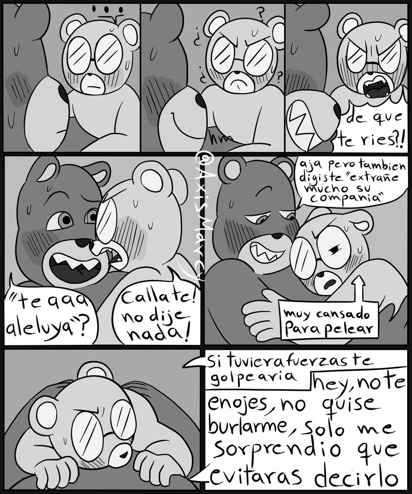 anthro biped blush blush_lines dialogue duo eyewear glasses hug male male/male question_mark text axismarcy unicorn_wars padre_(unicorn_wars) sargento_caricias bear mammal 2023 absurd_res comic hi_res monochrome spanish_text