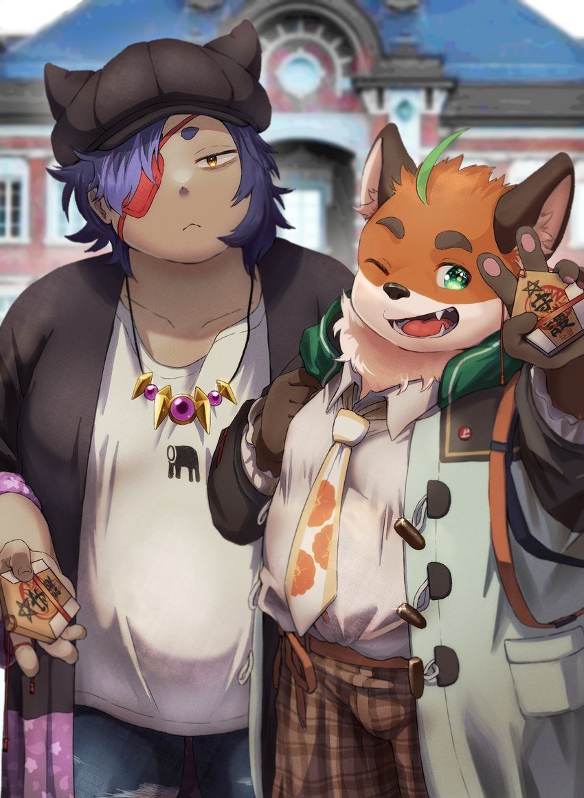 ahoge anthro belly clothing duo eye_patch eyewear fur hair hat headgear headwear male male/male necktie one_eye_closed orange_body orange_fur overweight purple_hair wink reo_oil tamacolle iyo_(tamacolle) canid canine fox human mammal absurd_res hi_res