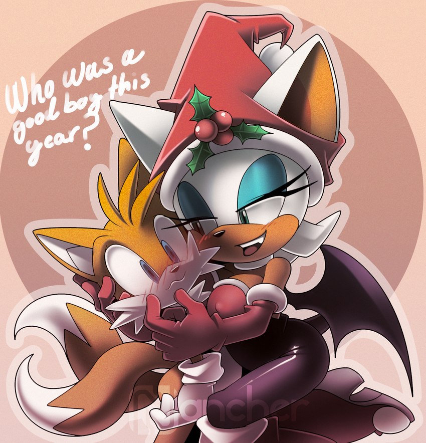 2_tails anthro armwear blush breasts clothing dialogue duo elbow_gloves female gloves handwear holidays holly_(plant) hug male male/female multi_tail nipple_outline plant tail text wings young young_anthro nancher christmas sega sonic_the_hedgehog_(series) miles_prower rouge_the_bat bat canid canine fox mammal 2021 english_text hi_res watermark