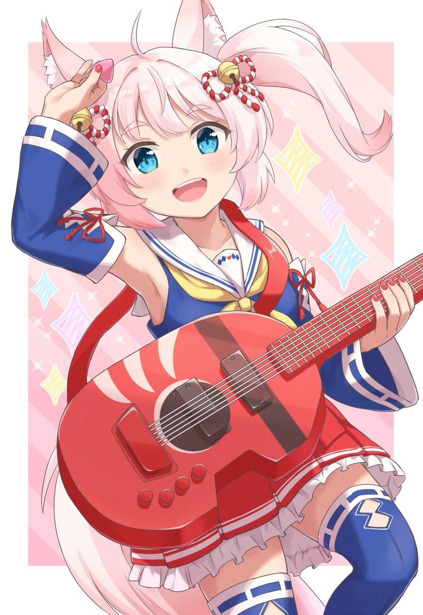 alternative_fashion asian_clothing blue_eyes blush bow_ribbon clothing colored_nails dress east_asian_clothing female guitar hair j-fashion japanese_clothing legwear lolita_(fashion) long_tail musical_instrument nails open_mouth pantyhose plucked_string_instrument short_hair simple_background solo string_instrument tail wa_lolita white_hair machikado07 sanrio show_by_rock!! howan_(show_by_rock!!) animal_humanoid arctic_fox canid canid_humanoid canine canine_humanoid fox fox_humanoid humanoid mammal mammal_humanoid true_fox hi_res