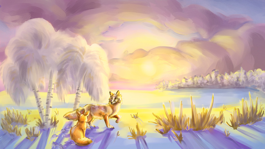 birch duo female feral fluffy fur landscape love male male/female nature paws raised_paw rear_view romantic romantic_couple snow sunset travel winter fennefox canid canine corsac_fox fennec_fox fox mammal true_fox 16:9 hi_res wallpaper widescreen