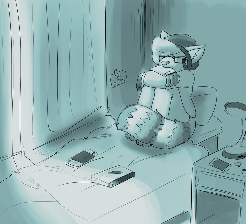 ambiguous_gender anthro bed earbuds electronics furniture headphones inside lamp notebook solo screamoshaymin nintendo nintendo_switch nico_(screamoshaymin) ailurid mammal red_panda absurd_res black_and_blue hi_res monochrome sketch