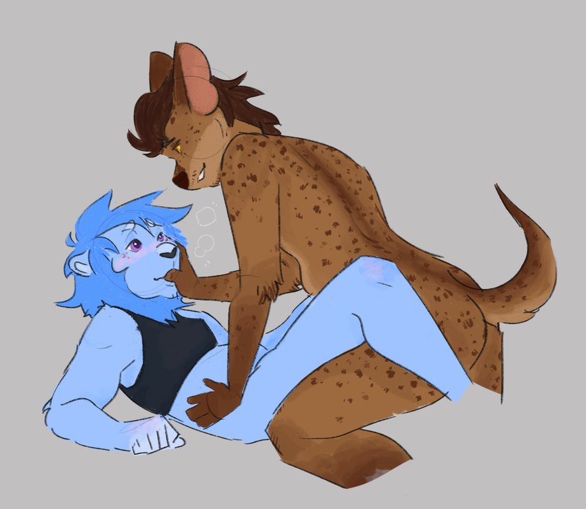 ambiguous_gender anthro blue_body blue_fur duo finger_in_mouth finger_suck fur mouth_play sucking pvppyguts felid hyena lion mammal pantherine hi_res sketch