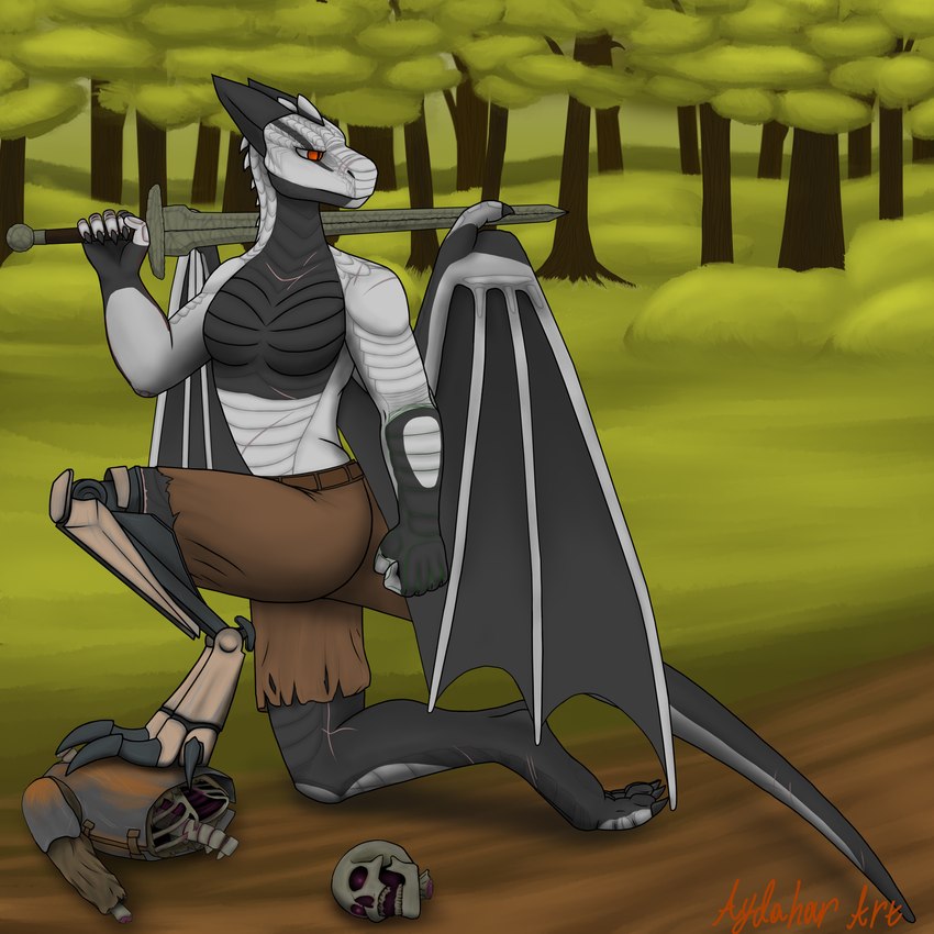 5_fingers anthro armor black_body black_scales black_skin body_pattern bone bottomwear claws clothing female fingers forest horn long_tail melee_weapon nude orange_eyes plant prosthetic scales scar shorts simple_background skull solo sword tail tree weapon white_body white_scales white_skin wings aydaharart mythology dragon mythological_creature mythological_scalie scalie undead absurd_res hi_res