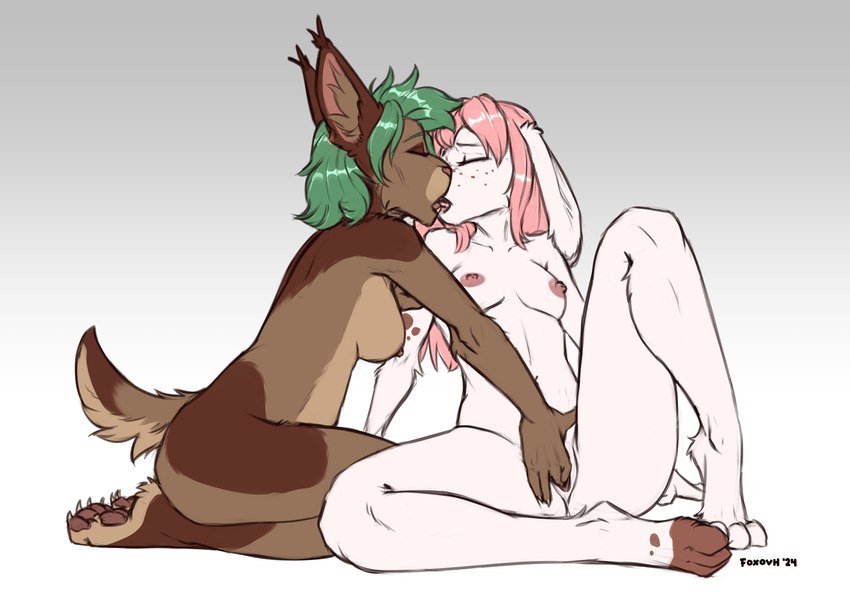 anthro breasts brown_body brown_fur claws duo ear_tuft eyebrows eyelashes eyes_closed feet female female/female fingering fingering_partner floppy_ears freckled_face freckles french_kissing fur genitals gradient_background green_hair hair hindpaw kissing long_hair lop_ears nipples nude pawpads paws pink_hair pink_pawpads pink_pussy pussy sex short_tail simple_background tail toe_claws tuft vaginal vaginal_fingering white_body white_fur foxovh millie_(mildmeow) rosie_(mildmeow) felid feline lagomorph leporid lynx mammal rabbit 2024 absurd_res digital_media_(artwork) hi_res