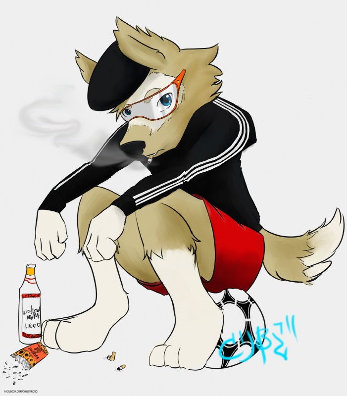 alcohol anthro ball beverage blue_eyes cigarette clothed clothing crouching eyewear fur goggles gopnik male mascot russia russian sitting_on_ball slav_squat smoking soccer soccer_ball solo sport tracksuit vodka cybestrogg fifa zabivaka canid canine canis mammal wolf digital_media_(artwork) hi_res