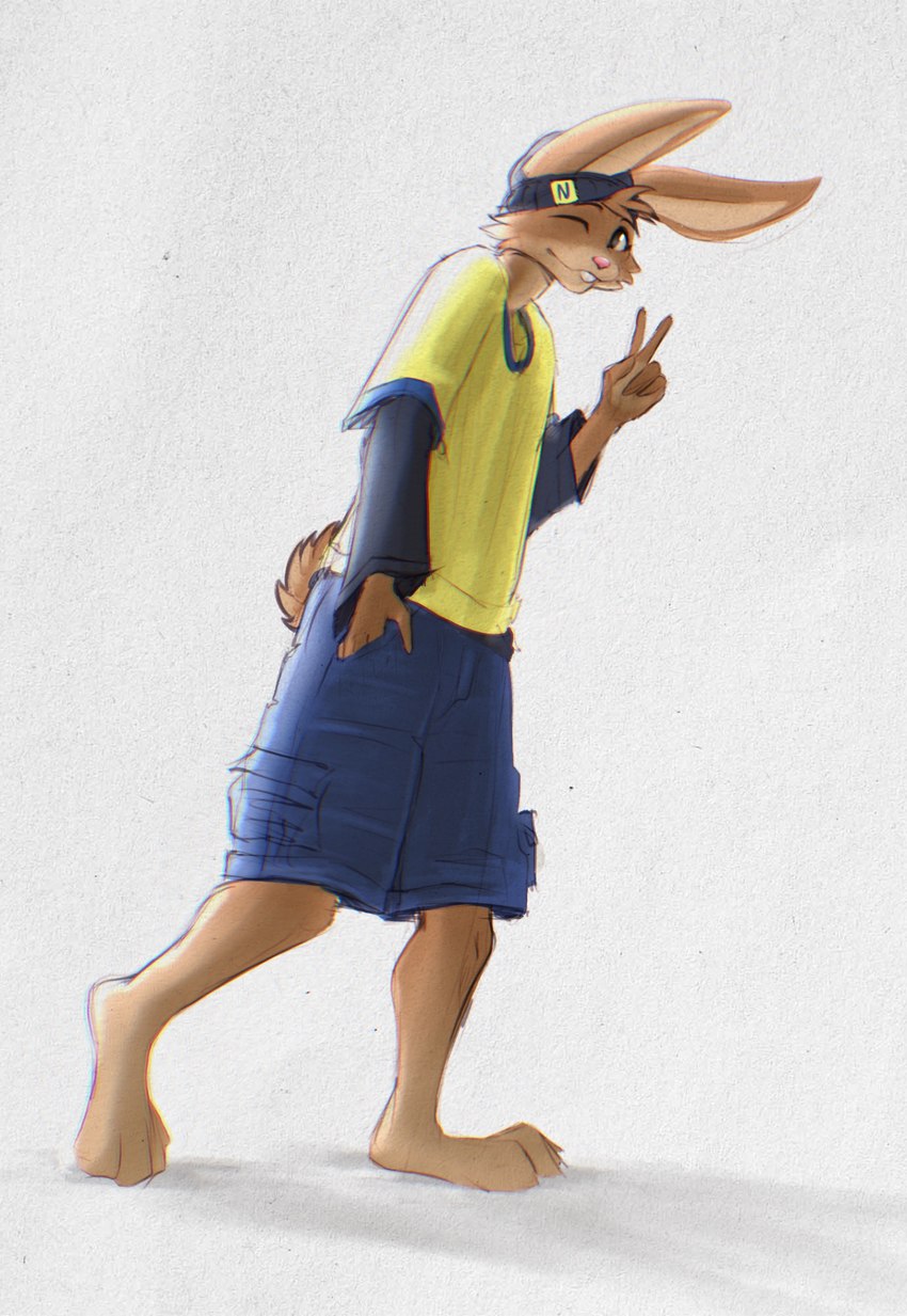 anthro barefoot bottomwear brown_body brown_fur buckteeth clothed clothing feet fingers fur gesture hand_gesture hat headgear headwear looking_at_viewer male mascot one_eye_closed shirt shorts simple_background smile solo standing tail teeth toes topwear v_sign wink beozar nesquik nesquik_bunny lagomorph leporid mammal rabbit digital_media_(artwork) hi_res