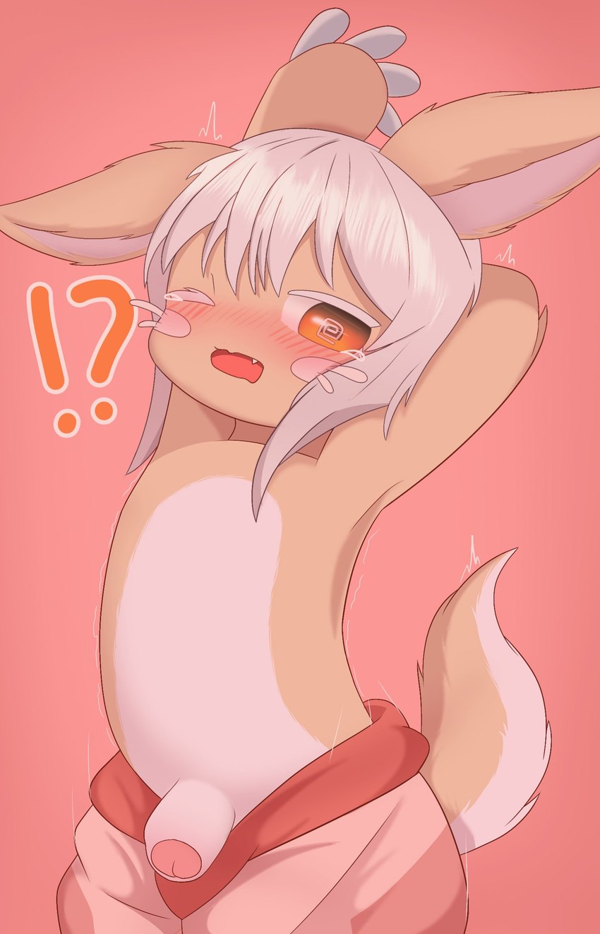 anthro blush brown_body clothed clothing foreskin genitals hair humanoid_genitalia humanoid_penis male one_eye_closed open_mouth penis red_eyes shota solo white_hair young young_anthro young_male rael made_in_abyss nanachi narehate absurd_res hi_res