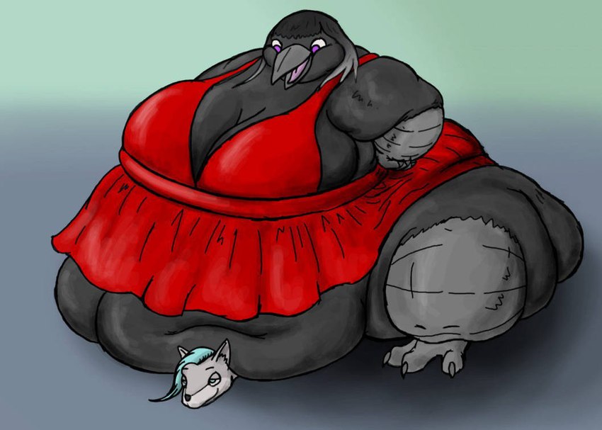 anthro beak black_body black_feathers blue_hair clothing dress duo feathers female female/female flabby hair immobile morbidly_obese morbidly_obese_anthro obese obese_anthro overweight overweight_anthro purple_eyes smothering purpletophatter avian bird corvid corvus_(genus) oscine passerine raven