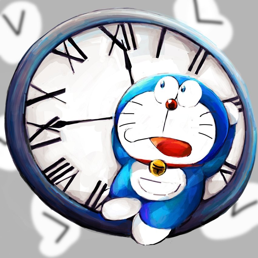 analog_clock anthro bell blue_body blue_fur clock collar fur hands_behind_head machine male open_mouth pouch_(anatomy) raised_arms red_collar red_nose roman_numeral solo tongue whiskers white_body white_fur mt_tg doraemon doraemon_(character) domestic_cat felid feline felis mammal robot 1:1 2021 shaded