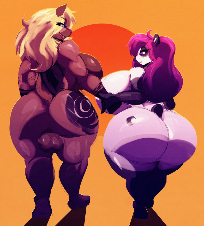 anthro backsack balls big_balls big_breasts big_butt breast_size_difference breasts butt butt_size_difference duo female genitals gynomorph hair hand_holding huge_breasts huge_butt huge_hips huge_thighs hyper hyper_breasts intersex looking_at_another muscular muscular_intersex nude orange_background penis rear_view simple_background size_difference smile standing thick_thighs wide_hips riendonut lilika_snowheart mei_ambers bear giant_panda mammal hi_res