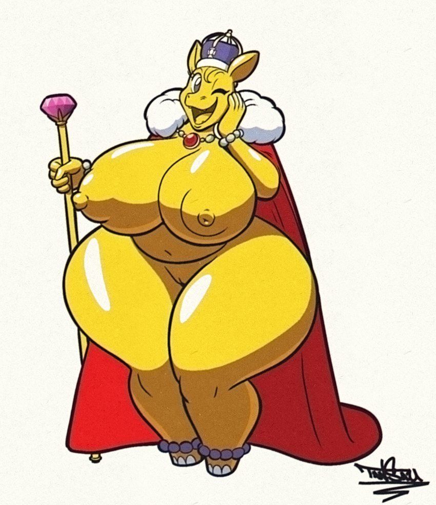 anthro areola big_breasts bracelet breasts cape clothing crown female genitals headgear holding_scepter huge_breasts huge_hips huge_thighs jewelry looking_at_viewer nipples one_eye_closed pussy scepter solo thick_thighs wide_hips yellow_areola yellow_body yellow_eyes yellow_nipples tansau common_hippopotamus hippopotamid mammal 2023 hi_res