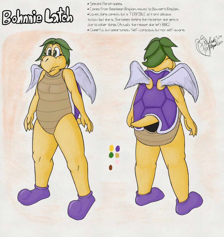 anthro clothing female footwear green_eyes leaf leaf_hair multiple_angles plant plant_hair pseudo_hair purple_clothing purple_footwear purple_shell purple_shoes shell shoes solo text white_wings wings yellow_body lendri_mujina mario_&_luigi:_superstar_saga mario_bros nintendo bohnnie_latch fan_character elemental_creature flora_fauna koopa koopa_paratroopa koopa_troopa paratroopea scalie troopea 2024 absurd_res character_name english_text hi_res model_sheet signature