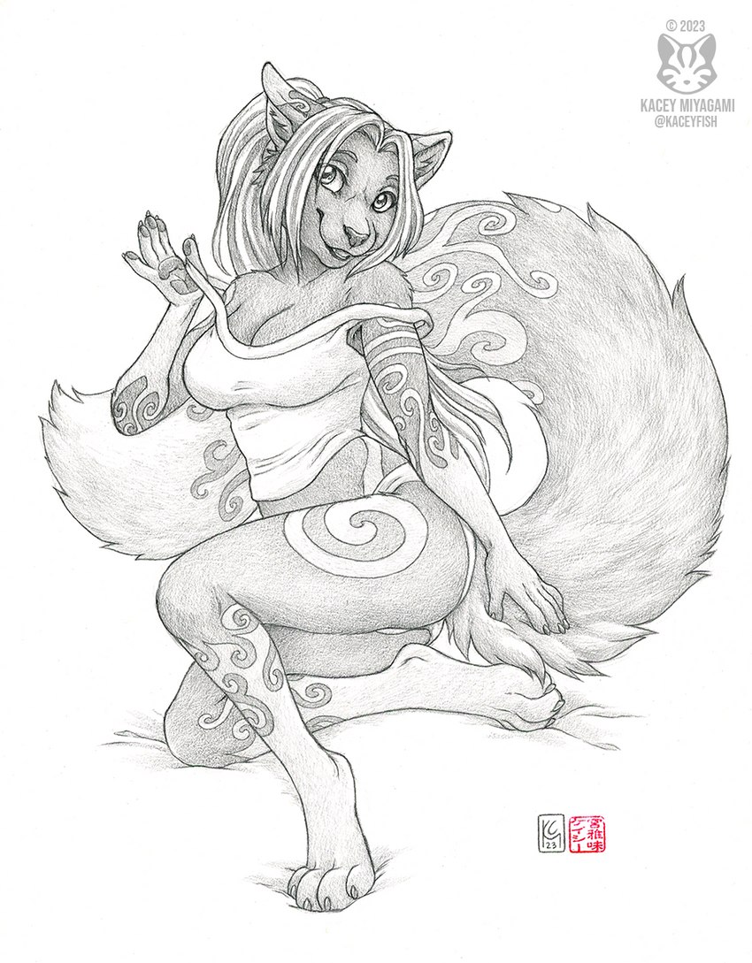 4_toes anthro barefoot breasts claws cleavage clothed clothing feet female fluffy fluffy_tail gloves_(marking) inner_ear_fluff leg_markings looking_at_viewer markings panties pawpads paws shirt simple_background smile socks_(marking) solo tail toe_claws toes topwear tuft underwear kacey semira canid canine felid fox hybrid mammal pantherine 2023 graphite_(artwork) greyscale hi_res monochrome traditional_media_(artwork)