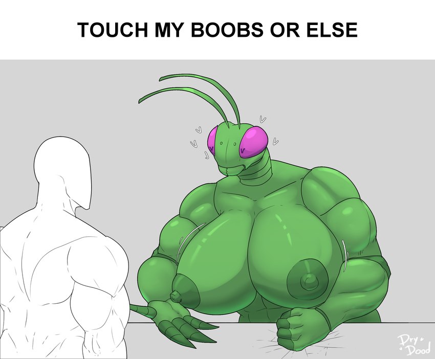 4_fingers abs antennae_(anatomy) anthro areola bald biceps big_breasts biped breasts command duo female fingers green_body heart_eyes heart_symbol huge_breasts human_on_anthro humanoid_hands interspecies looking_at_another male male/female muscular muscular_anthro muscular_female muscular_human muscular_male nipples non-mammal_breasts non-mammal_nipples nude nude_anthro nude_female nude_human nude_male talking_to_another text drydude boobs?_wanna_touch_boobs? arthropod human insect mammal mantis 2024 digital_drawing_(artwork) digital_media_(artwork) english_text hi_res shaded